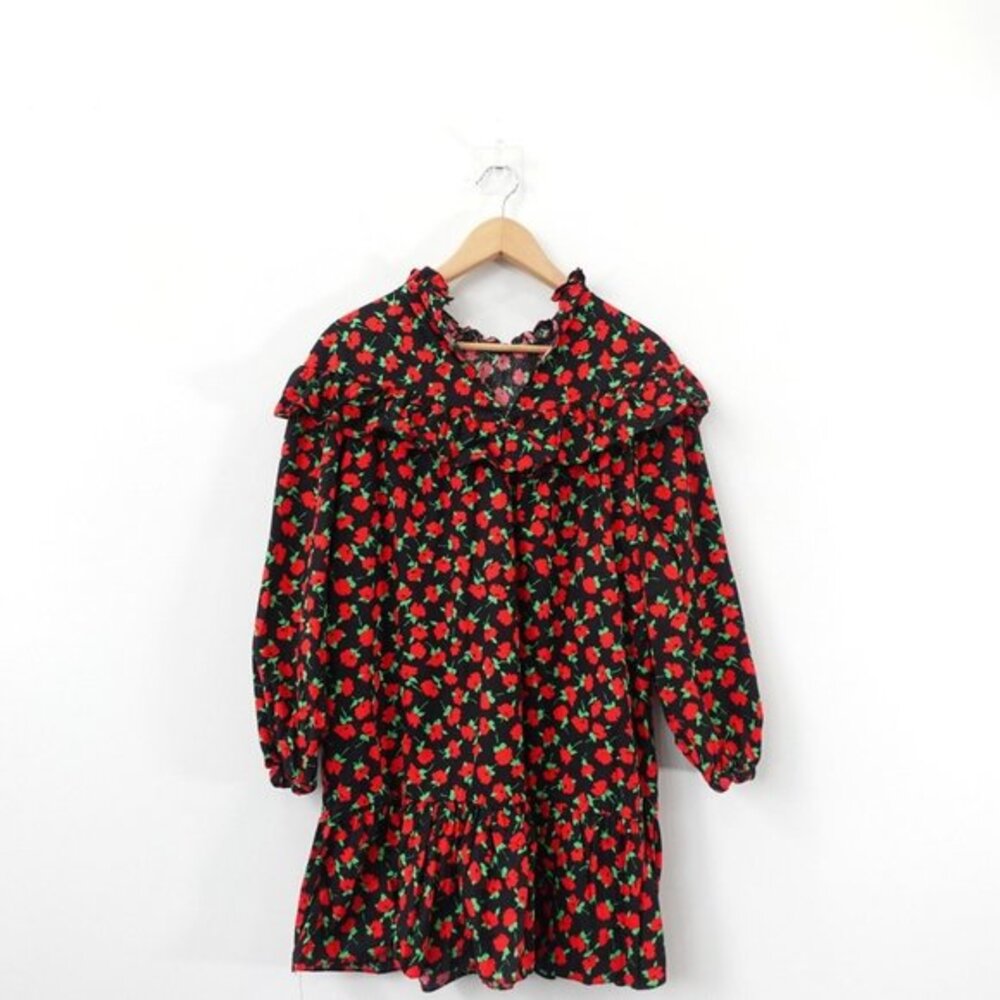 Zara Womens Dress SMALL‎ Red Black Floral Cotton Peasant Boho Ruffled